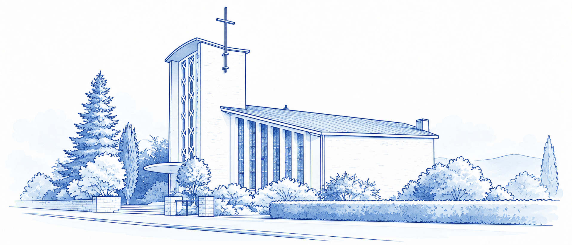 Kirche St. Pius Neustadt als blaue Linienzeichnung